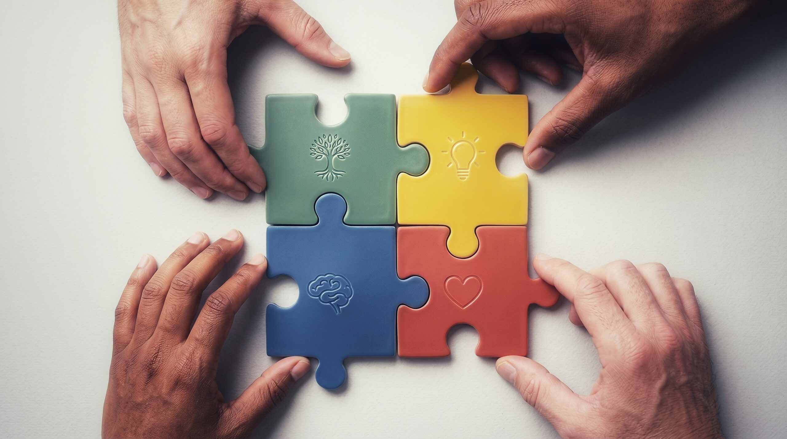 Four jigsaw puzzle pieces fitting together
